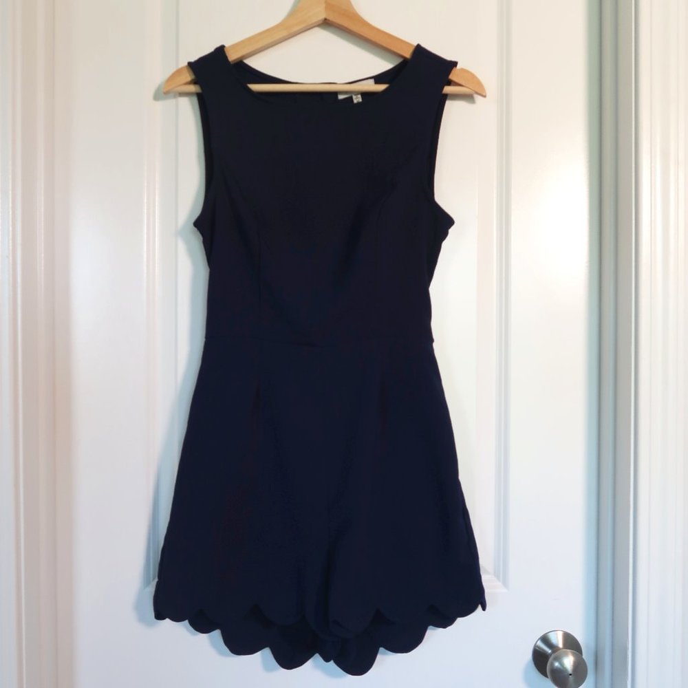Navy Blue Short Scalloped Romper with Back Detailing